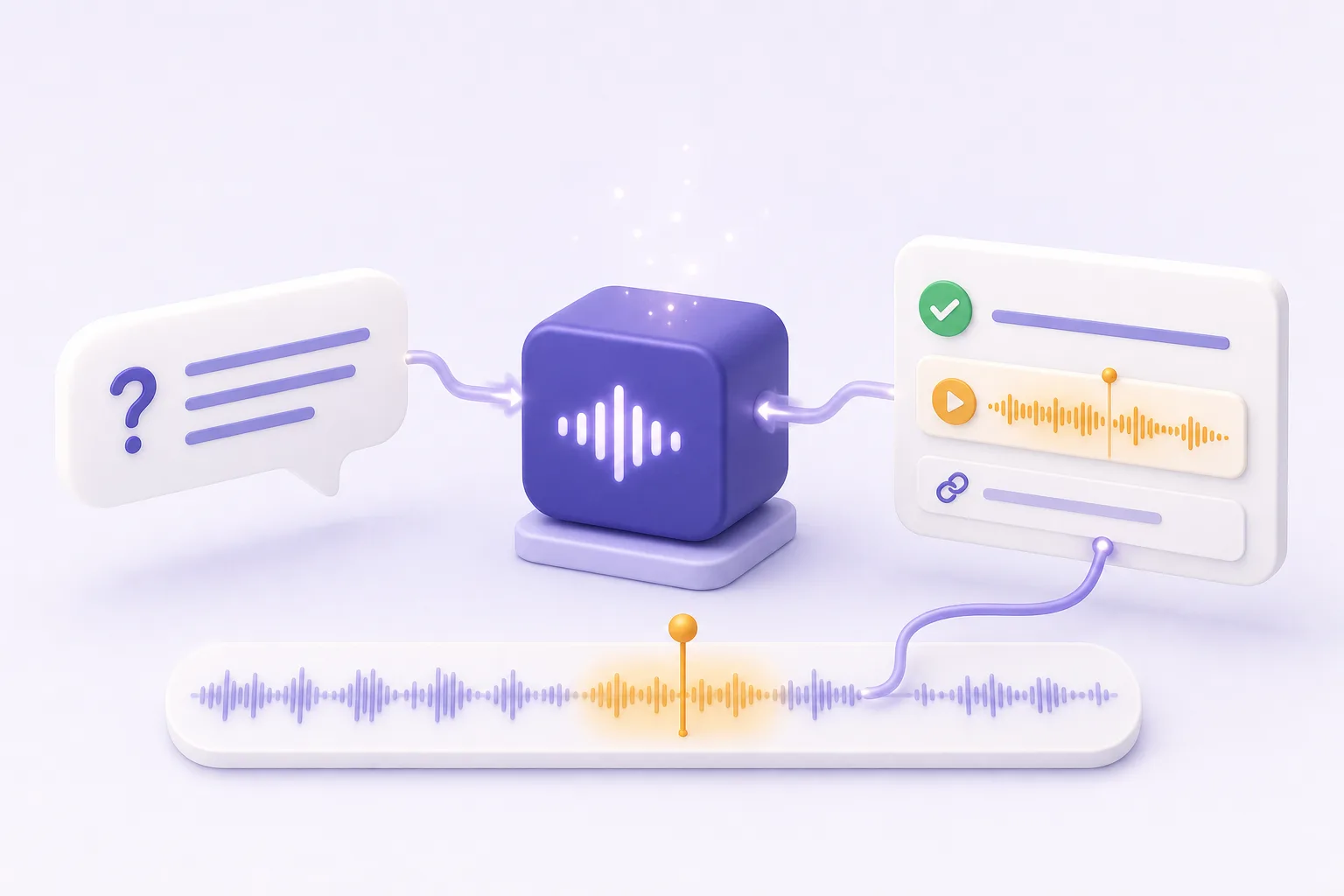 A podcast tool returning a grounded answer linked back to the source audio moment.