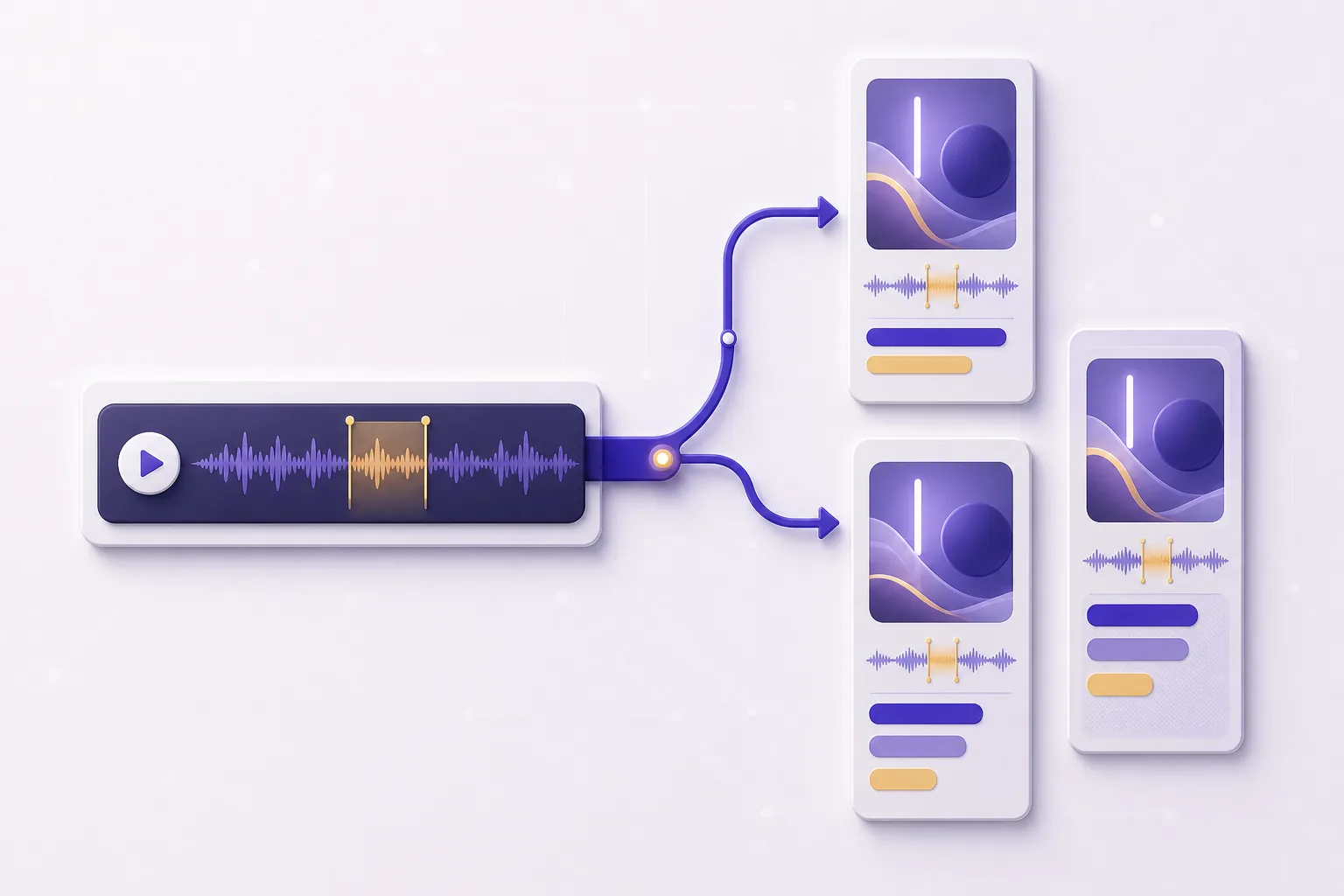 A selected podcast moment becoming three captioned vertical video clips.