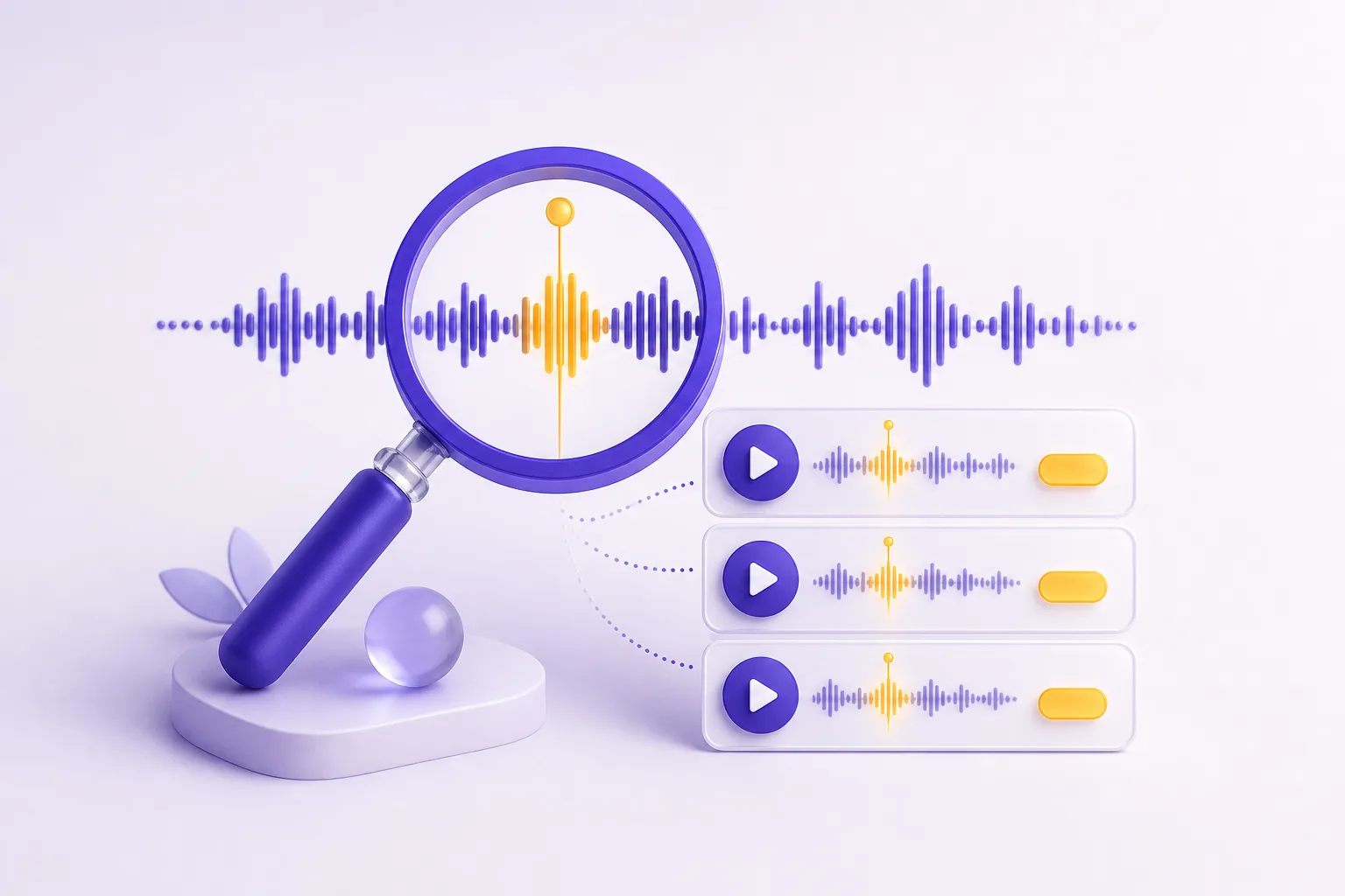 A magnifying glass finding an exact timestamp in a podcast waveform.