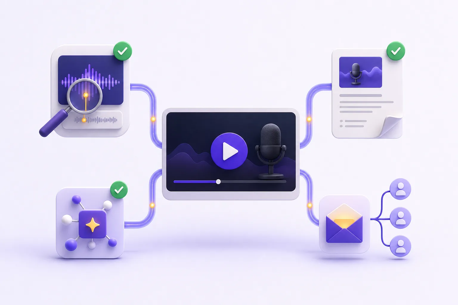 一集 YouTube 节目分叉为搜索、单集页面、AI 引用和订阅者邮件。